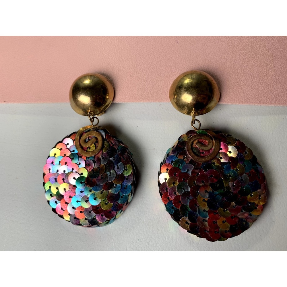 Vintage 90s Earrings Statement Womens Dangle Clip On Sequin Colorful Retro - Picture 4 of 12